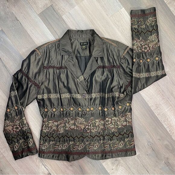 ELCC Vintage Embroidered Taffeta Blazer Jacket Gray Large Button Front - Picture 11 of 15